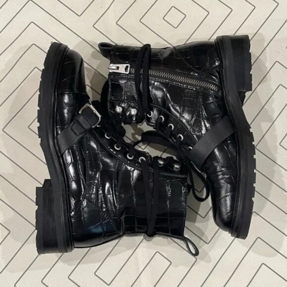 All Saints Embossed Crocodile Black Leather Combat Boots, Size 38 - Picture 7 of 10